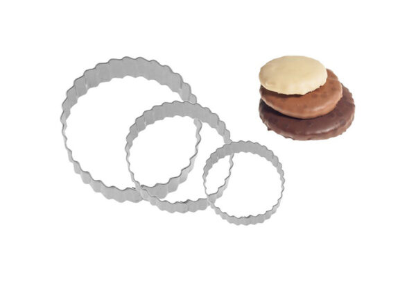 TAGLIABISCOTTI  SET 3 PZ "TONDI FESTONATI "INOX 4,5,6CM