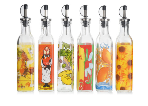OLIERA VETRO DECORATO 500ML COMPLETA DI TAPPO VERSATORE